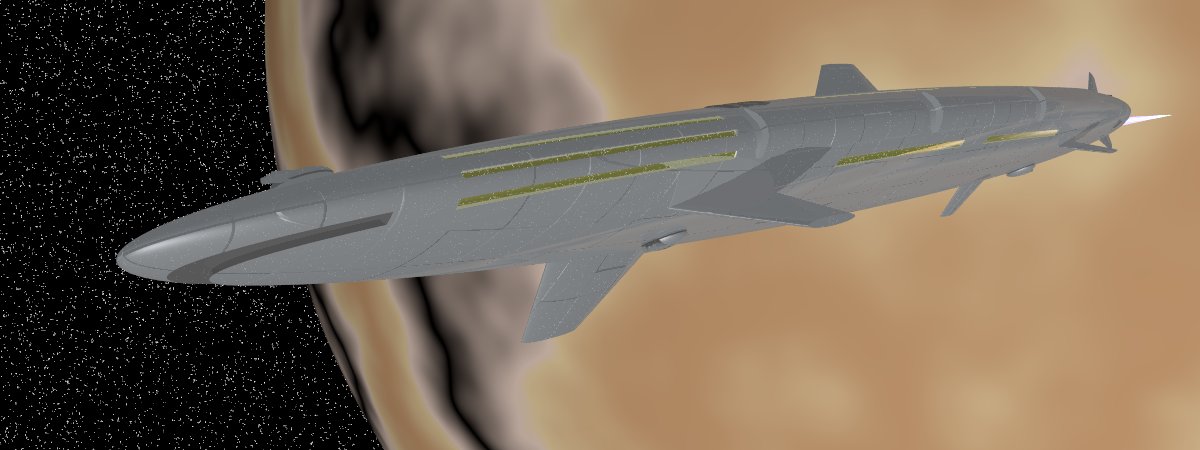 Artistic 3D render of a large shark-like spaceship with gun turrets along its spine orbiting a brown planet.