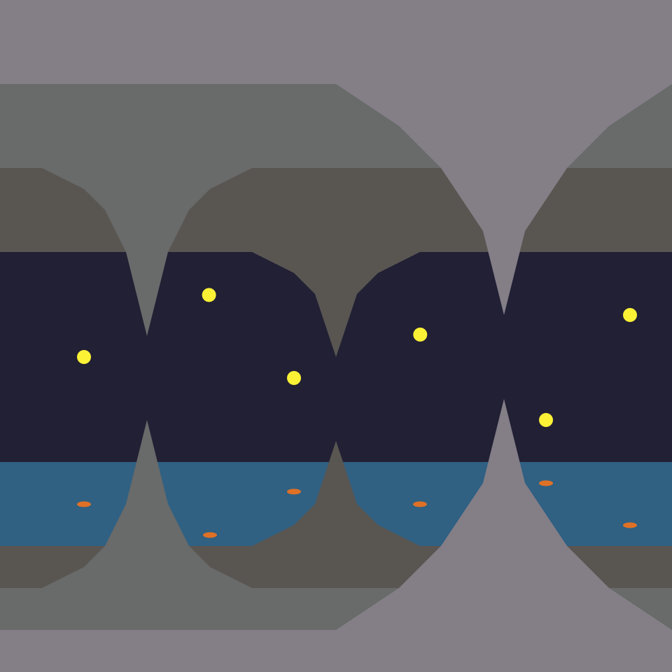 Abstract art suggesting an underground lake in a cave whose ceiling is dotted with points of light.