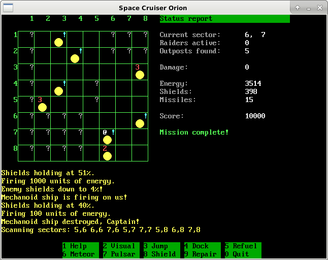 Screenshot of a text-based strategy game running in a small window, showing an abstract star chart, stats, message log and colorful user interface.
