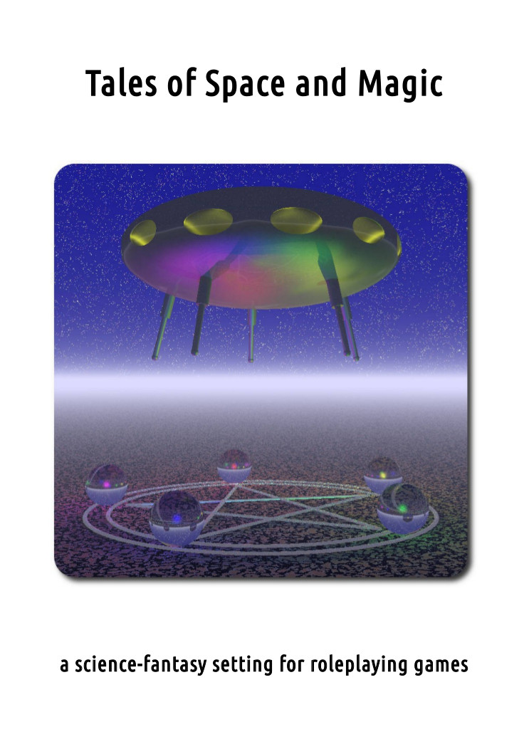 Book cover depicting a futuristic spacecraft hovering over a magic circle, against a starry sky.
